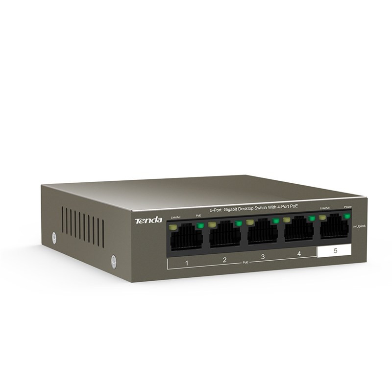 Tenda TEG1105P-4-63W PoE AT switch 4x PoE 802.3af/at, 5x 1 Gb/s, PoE celkom 63W, fanless, PoE+