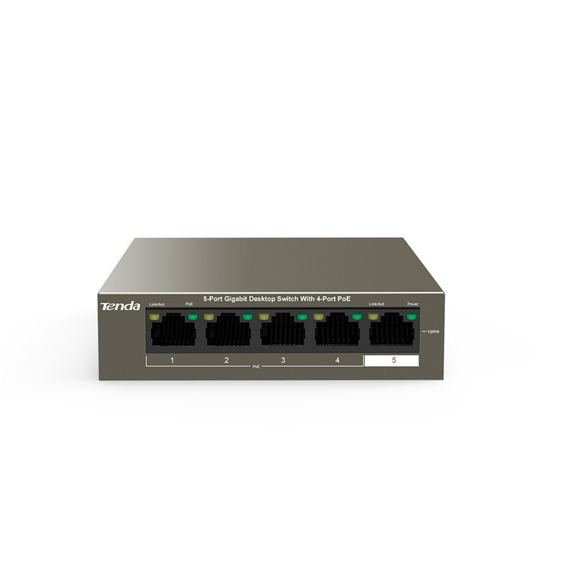 Tenda TEG1105P-4-63W PoE AT switch 4x PoE 802.3af/at, 5x 1 Gb/s, PoE celkom 63W, fanless, PoE+