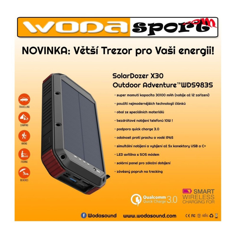 OEM - Wodasport - X30 - Solárna powerbanka Wodasport® SolarDozer X30, Outdoor Adventure™ 30100 mAh 7v1