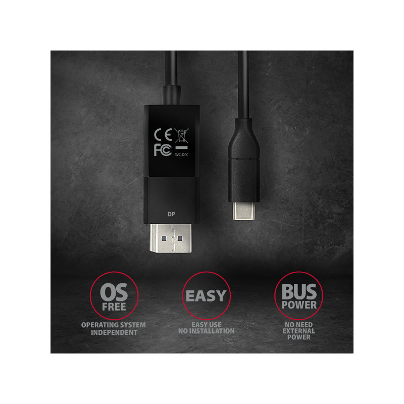 AXAGON RVC-DPC, USB-C - DisplayPort redukcia/kábl 1.8m, 4K/60Hz
