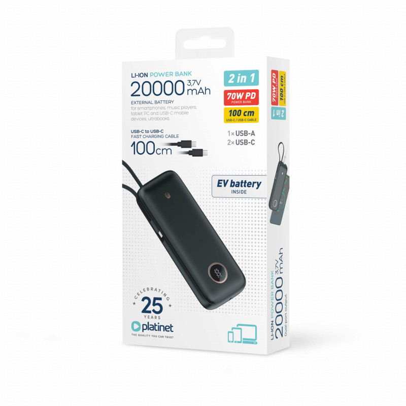 FELLOWES - Platinet Powerbanka 20000 mAh 70W Power Delivery, 1xUSB-C, 1xUSB-A, kábel USB-C 1m, čierna