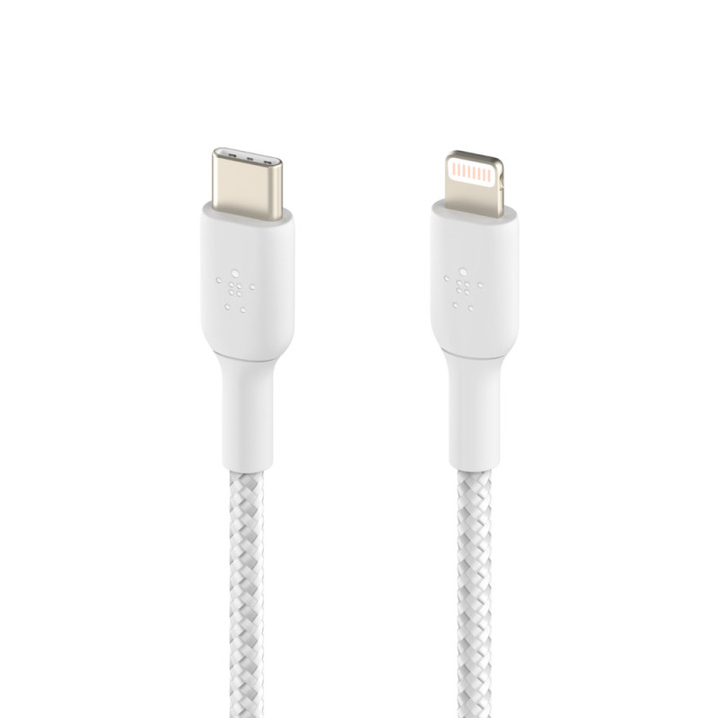 BELKIN kábel opletaný USB-C - Lightning, 1m, biely
