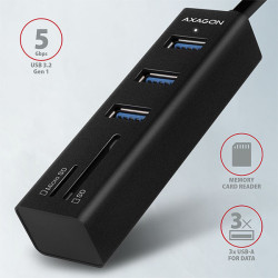 AXAGON HMA-CR3A, USB 3.2 Gen 1 húb, porty 3x USB-A + čítačka kariet SD/microSD, kovový, kábel USB-A 20