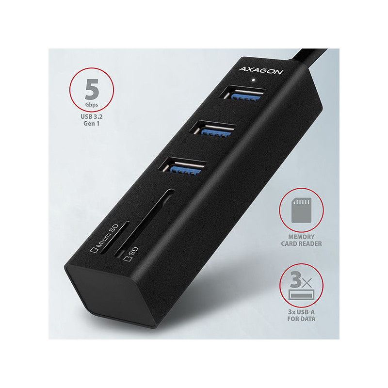 AXAGON HMA-CR3A, USB 3.2 Gen 1 húb, porty 3x USB-A + čítačka kariet SD/microSD, kovový, kábel USB-A 20
