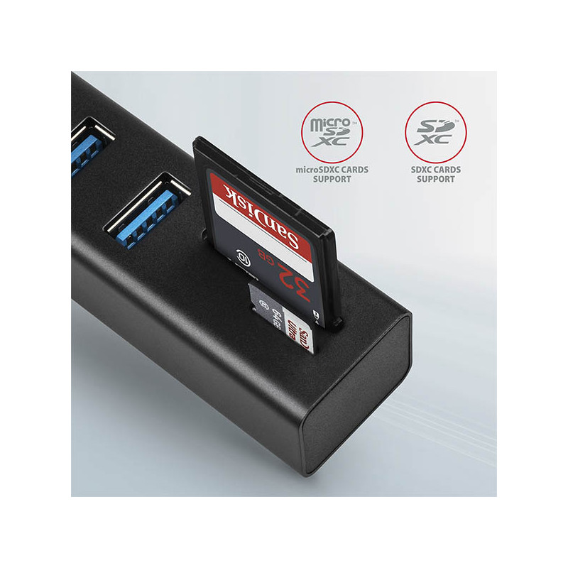 AXAGON HMA-CR3A, USB 3.2 Gen 1 húb, porty 3x USB-A + čítačka kariet SD/microSD, kovový, kábel USB-A 20