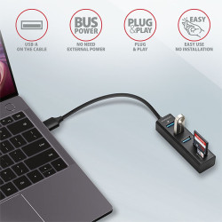 AXAGON HMA-CR3A, USB 3.2 Gen 1 húb, porty 3x USB-A + čítačka kariet SD/microSD, kovový, kábel USB-A 20