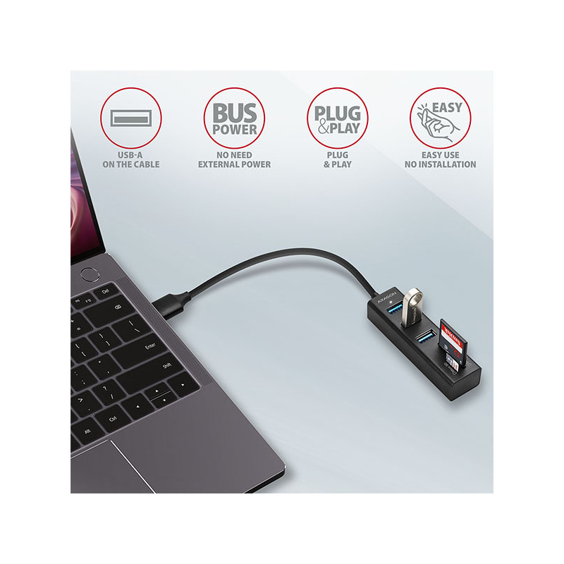 AXAGON HMA-CR3A, USB 3.2 Gen 1 húb, porty 3x USB-A + čítačka kariet SD/microSD, kovový, kábel USB-A 20