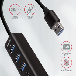 AXAGON HMA-CR3A, USB 3.2 Gen 1 húb, porty 3x USB-A + čítačka kariet SD/microSD, kovový, kábel USB-A 20