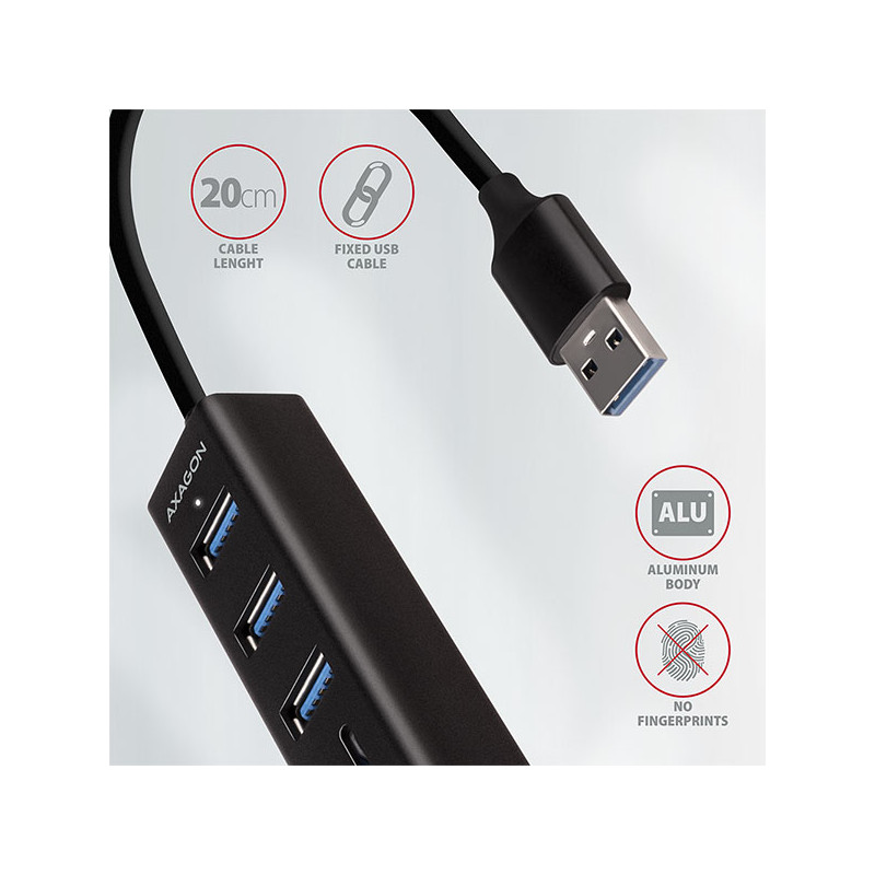 AXAGON HMA-CR3A, USB 3.2 Gen 1 húb, porty 3x USB-A + čítačka kariet SD/microSD, kovový, kábel USB-A 20