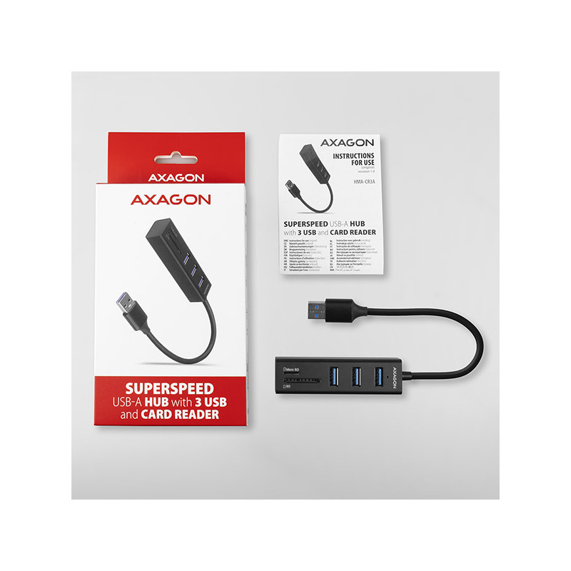 AXAGON HMA-CR3A, USB 3.2 Gen 1 húb, porty 3x USB-A + čítačka kariet SD/microSD, kovový, kábel USB-A 20