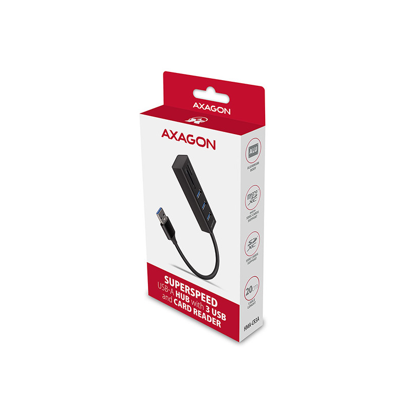 AXAGON HMA-CR3A, USB 3.2 Gen 1 húb, porty 3x USB-A + čítačka kariet SD/microSD, kovový, kábel USB-A 20