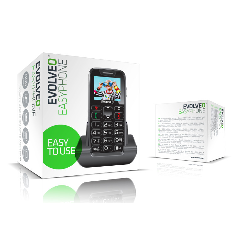 EVOLVEO EasyPhone, mobilný telefón pre seniorov s nabíjacím stojanom, čierna