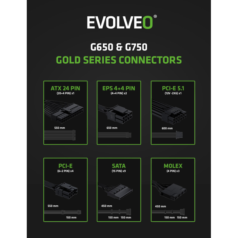 EVOLVEO G650, 650W/ ATX 3.1/ 80+ GOLD/ Modular