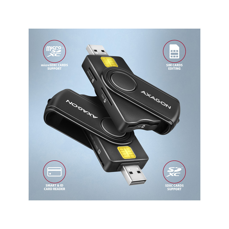 AXAGON CRE-SMP2A, USB-A + USB-C PocketReader 4-slot čítačka Smart card (eObčanka) + SD/microSD/SIM