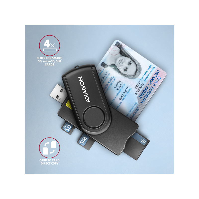 AXAGON CRE-SMP2A, USB-A + USB-C PocketReader 4-slot čítačka Smart card (eObčanka) + SD/microSD/SIM