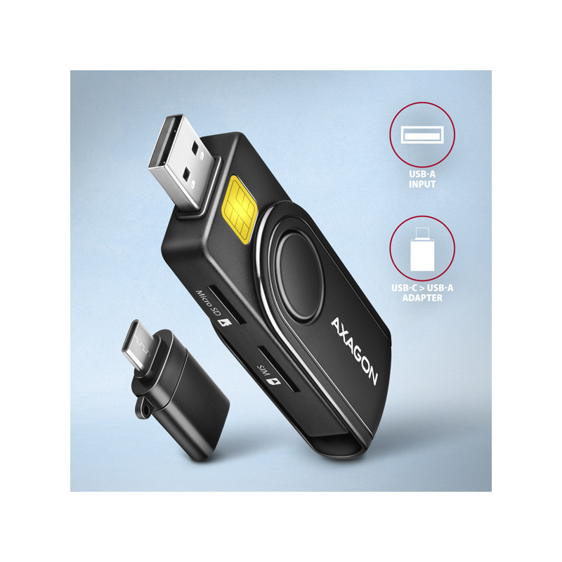 AXAGON CRE-SMP2A, USB-A + USB-C PocketReader 4-slot čítačka Smart card (eObčanka) + SD/microSD/SIM