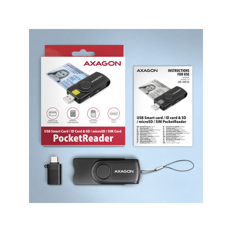 AXAGON CRE-SMP2A, USB-A + USB-C PocketReader 4-slot čítačka Smart card (eObčanka) + SD/microSD/SIM