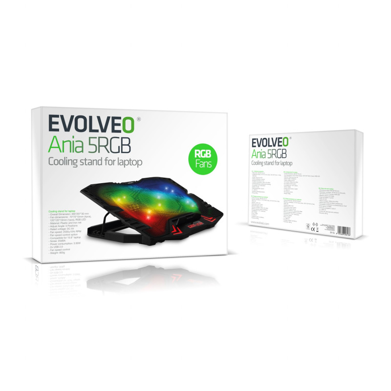 EVOLVEO Ania 5RGB, chladiaca podložka pre notebook, 5x ventilátor, RGB podsvietenie