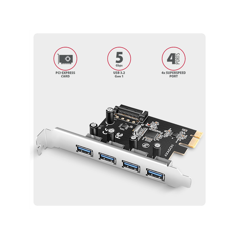 AXAGON PCEU-430RS, PCIe radič, 4x USB 5Gbps port, SATA napájanie, Renesas PD720201, SP