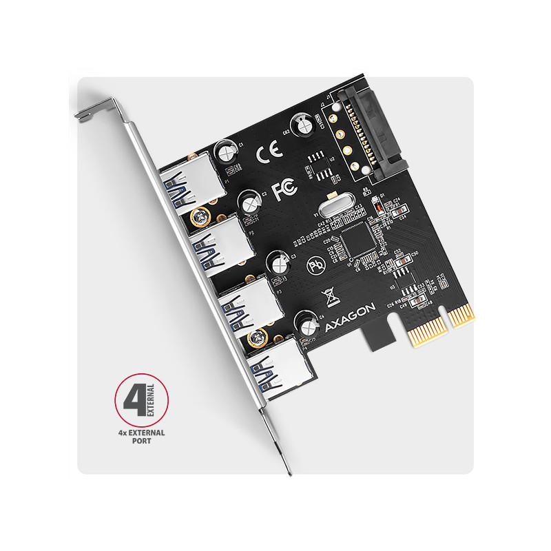 AXAGON PCEU-430RS, PCIe radič, 4x USB 5Gbps port, SATA napájanie, Renesas PD720201, SP