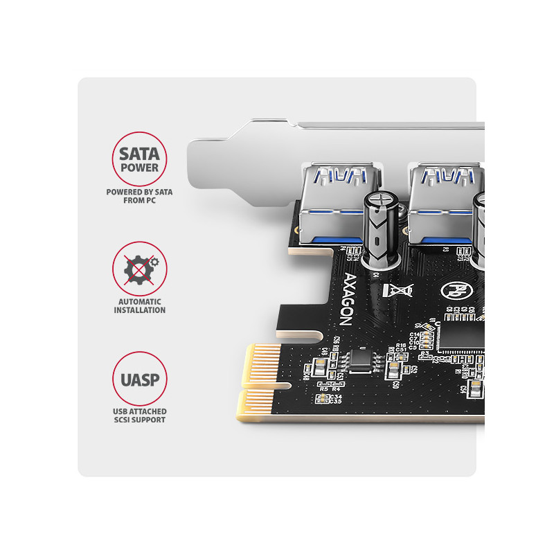 AXAGON PCEU-430RS, PCIe radič, 4x USB 5Gbps port, SATA napájanie, Renesas PD720201, SP