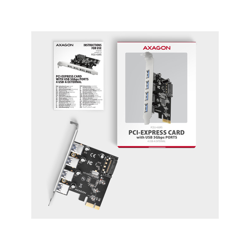 AXAGON PCEU-430RS, PCIe radič, 4x USB 5Gbps port, SATA napájanie, Renesas PD720201, SP