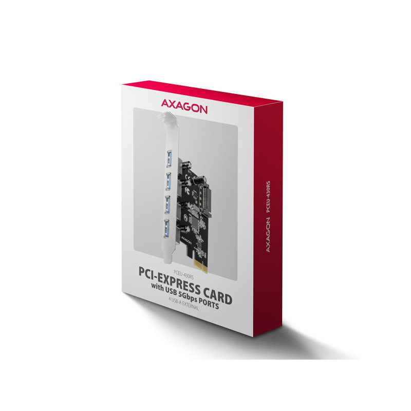 AXAGON PCEU-430RS, PCIe radič, 4x USB 5Gbps port, SATA napájanie, Renesas PD720201, SP