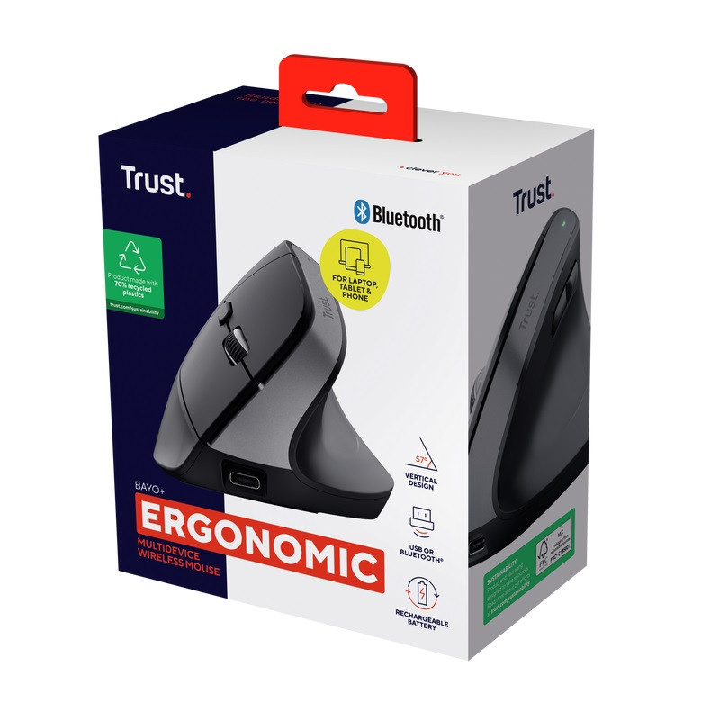 Trust Bayo+/Vertikálna/Optická/Pre pravákov/2 400 DPI/USB+BT/Čierna