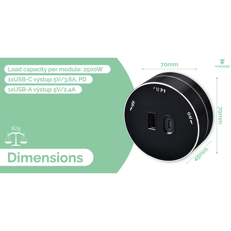Zásuvkový modul Viking A60B, čierna/výstupy - 1xUSB-A, 1xUSB-C/výkon až 2500W/230V,16A,50Hz