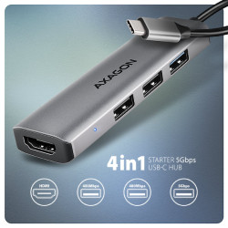 AXAGON HMC-H3A, USB 5Gbps húb, 3x USB-A, HDMI 4k/30Hz, kábel USB-C 15cm