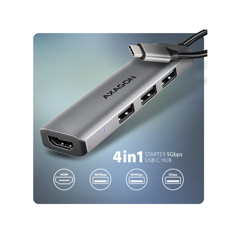 AXAGON HMC-H3A, USB 5Gbps húb, 3x USB-A, HDMI 4k/30Hz, kábel USB-C 15cm