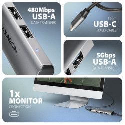 AXAGON HMC-H3A, USB 5Gbps húb, 3x USB-A, HDMI 4k/30Hz, kábel USB-C 15cm