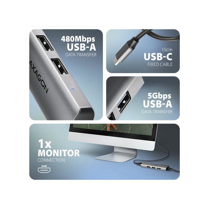 AXAGON HMC-H3A, USB 5Gbps húb, 3x USB-A, HDMI 4k/30Hz, kábel USB-C 15cm