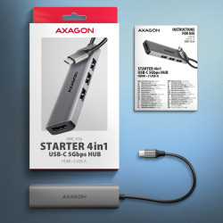 AXAGON HMC-H3A, USB 5Gbps húb, 3x USB-A, HDMI 4k/30Hz, kábel USB-C 15cm