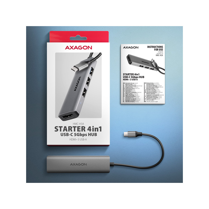 AXAGON HMC-H3A, USB 5Gbps húb, 3x USB-A, HDMI 4k/30Hz, kábel USB-C 15cm