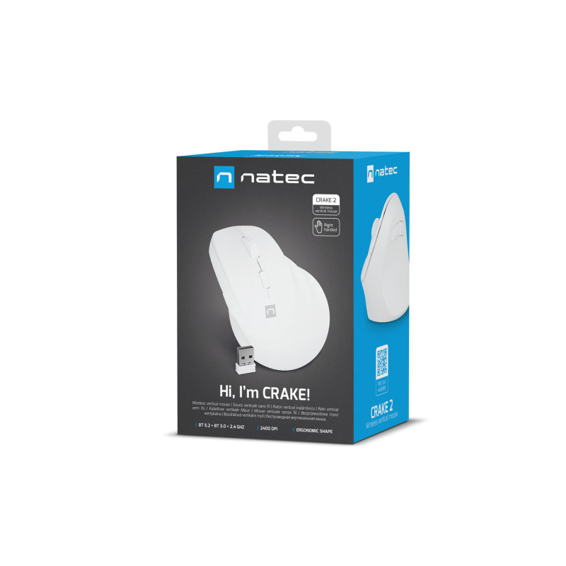 Bezdrôtová myš Natec CRAKE 2/Kancelárska/Optická/2 400 DPI/USB+BT/Biela/Vertikálna/Optická/Pre pravák