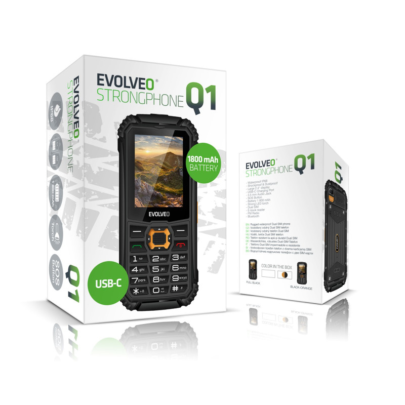 EVOLVEO StrongPhone Q1, IP68 odolný Dual SIM telefón, 2,4'' LCD, 1800mAh, černo-oranžový