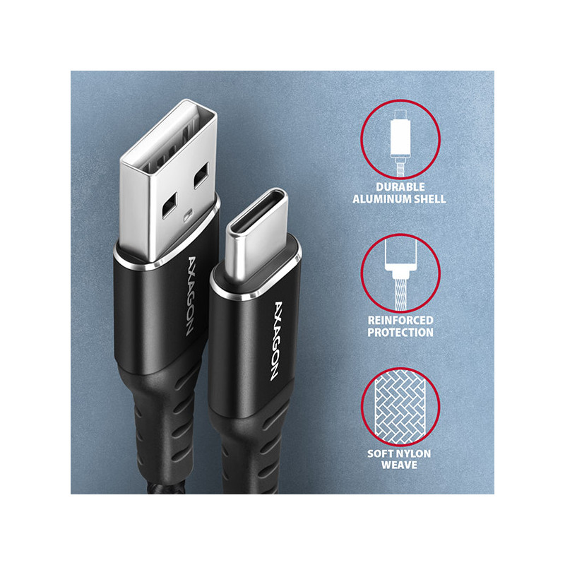 AXAGON BUCM-AM10AB, HQ kábel USB-C -- USB-A, 1m, USB 2.0, 3A, ALU, oplet, čierny