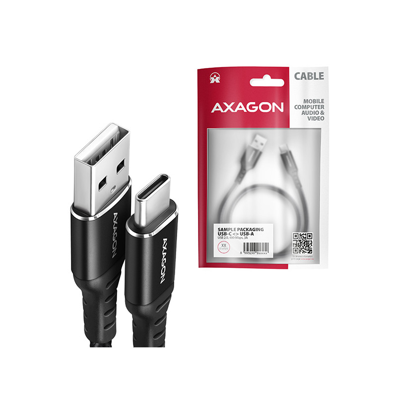 AXAGON BUCM-AM10AB, HQ kábel USB-C -- USB-A, 1m, USB 2.0, 3A, ALU, oplet, čierny