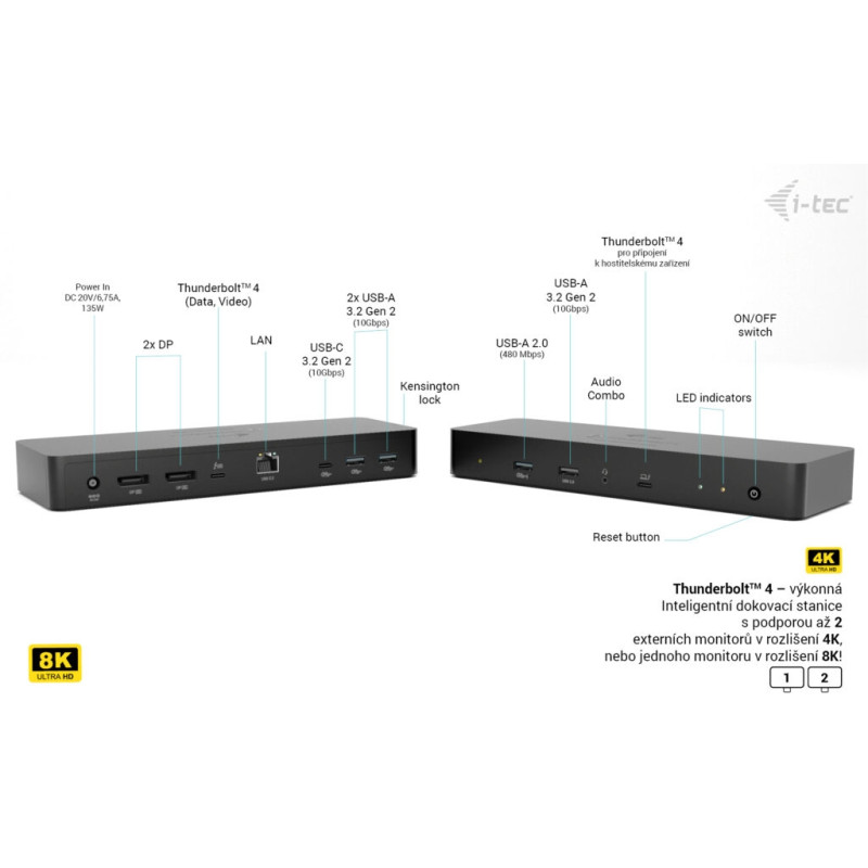 i-tec Thunderbolt 4 Intelligent Dual Display Docking Station, Power Delivery 90W