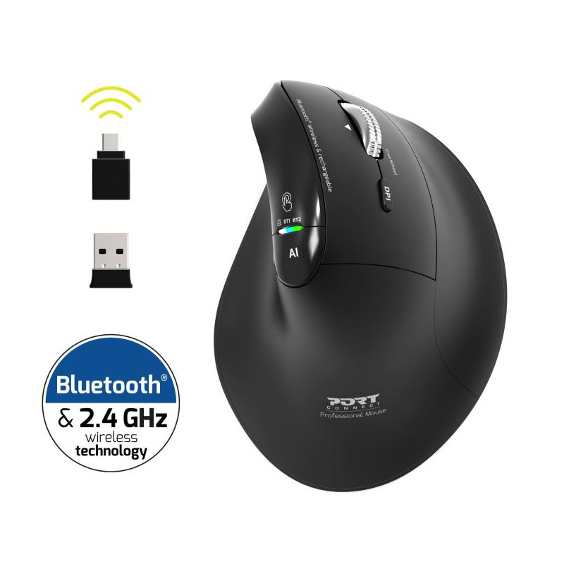 NONAME - PORT CONNECT ERGO AUDITOR/Vertikálna/Optická/Pre pravákov/4 800 DPI/USB+BT/Čierna