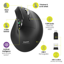 NONAME - PORT CONNECT ERGO AUDITOR/Vertikálna/Optická/Pre pravákov/4 800 DPI/USB+BT/Čierna