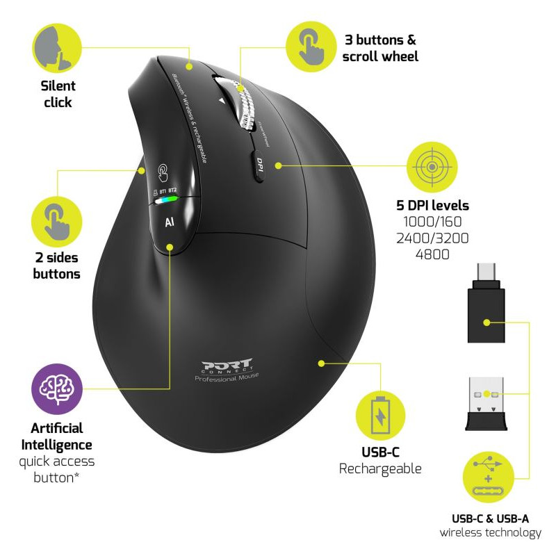 NONAME - PORT CONNECT ERGO AUDITOR/Vertikálna/Optická/Pre pravákov/4 800 DPI/USB+BT/Čierna