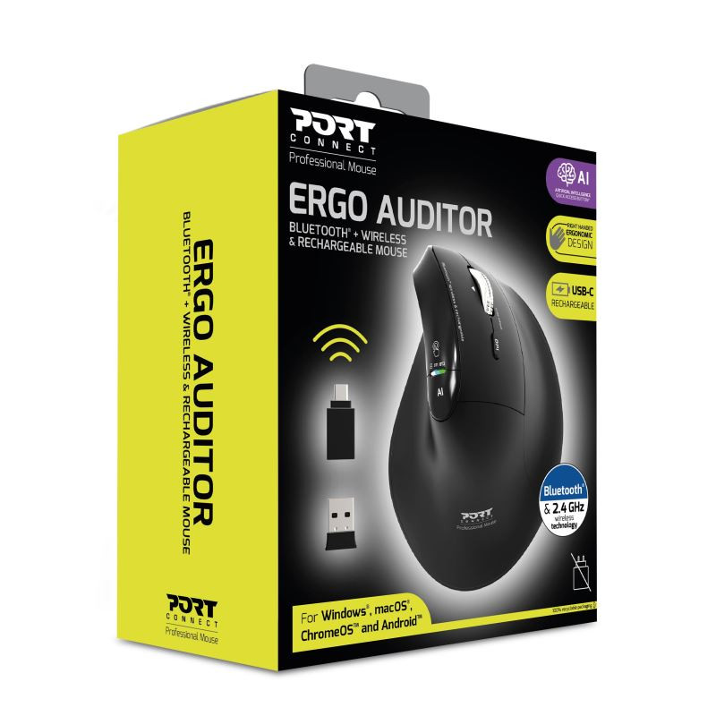 NONAME - PORT CONNECT ERGO AUDITOR/Vertikálna/Optická/Pre pravákov/4 800 DPI/USB+BT/Čierna