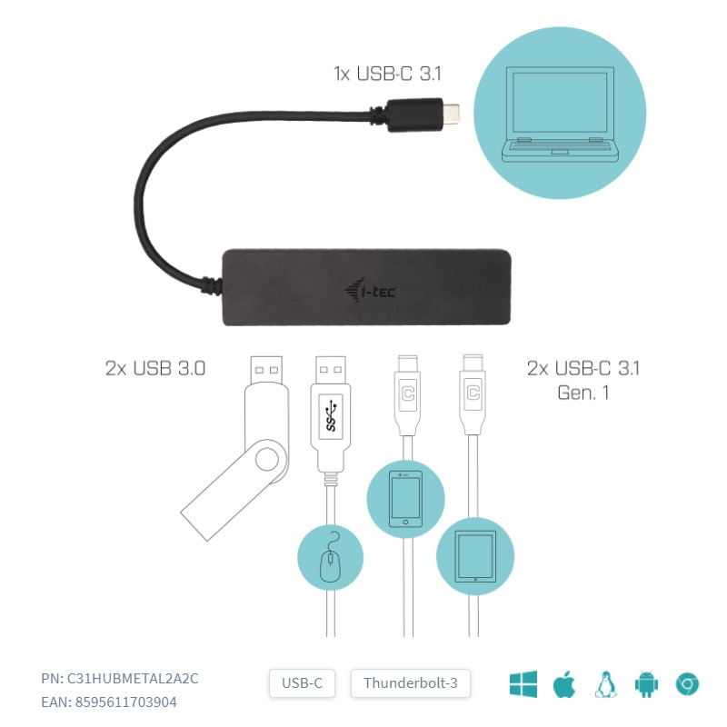 i-tec USB-C Metal HUB 2x USB 3.0 + 2x USB-C
