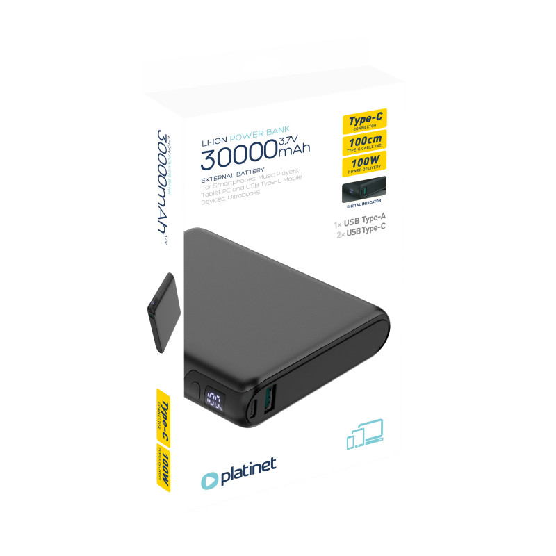FELLOWES - Platinet Powerbanka 30000 mAh 100W Power Delivery, 2xUSB-C, 1xUSB-A, čierna