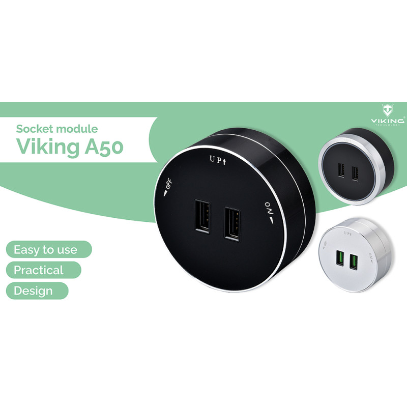 Zásuvkový modul Viking A50S, striebra/výstupy - 1xUSB-A/výkon až 2500W/230V,16A,50Hz