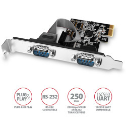 AXAGON PCEA-S2N, PCIe radič - 2x sériový port (RS232) 250 kbps, vr. LP