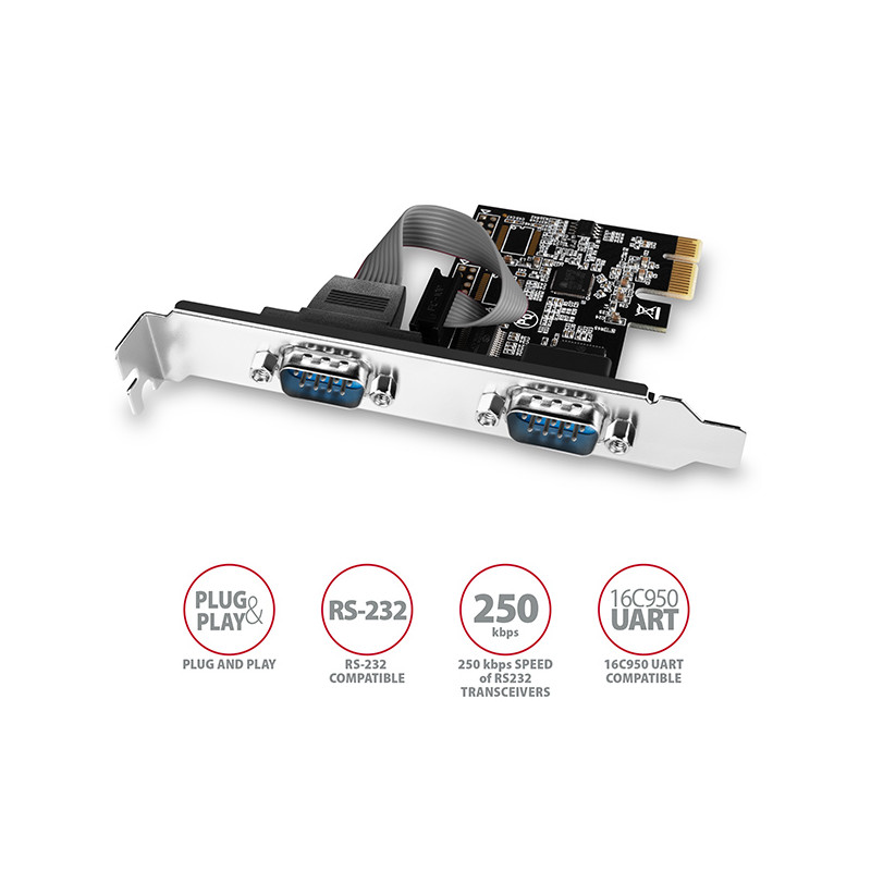 AXAGON PCEA-S2N, PCIe radič - 2x sériový port (RS232) 250 kbps, vr. LP