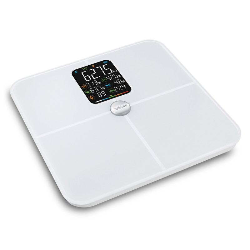 Salente BodyFit, múdra osobná diagnostická fitness váha, Bluetooth, biela